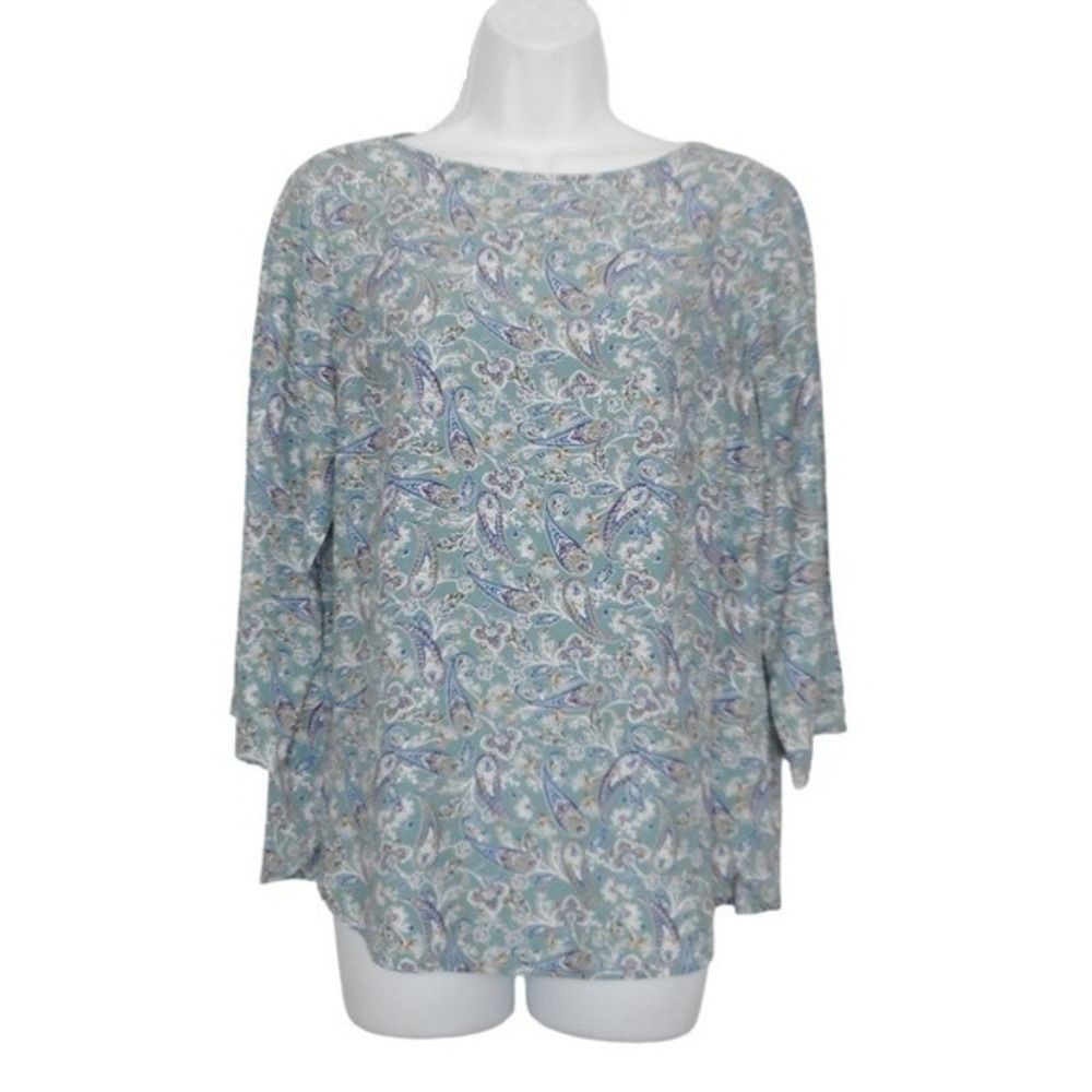 J Jill Womens Top Small Blue Multicolor Boat Neck 3/4‎ Sleeve Paisley Print
